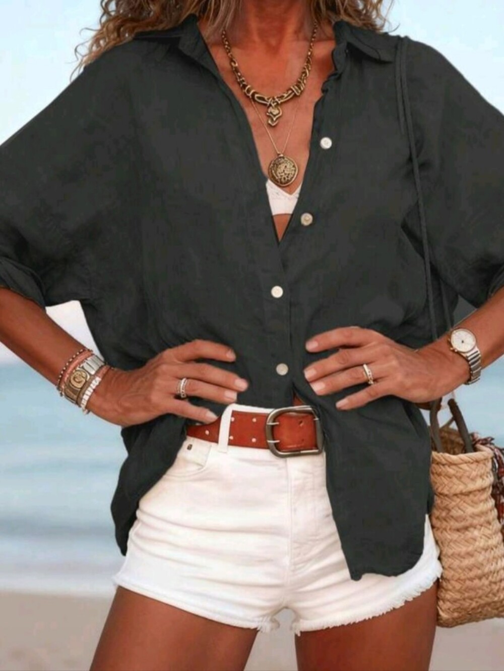 Boheme Black Linen Button Down Top Blouse BNIB $35 Size M